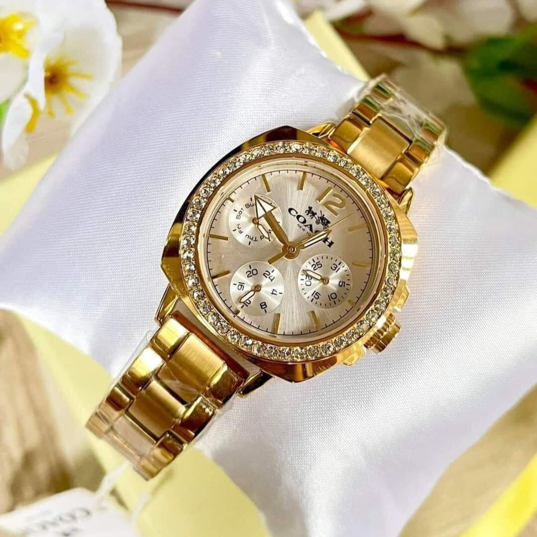 Coach Boyfriend Chronograph with Fixed Glitz Crystal Bezel White Dial Gold Tone Women's Stainless-Steel Watch